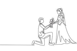 Single continuous line drawing man on knee give bouquet to woman wearing wedding dress. Boy in love giving flowers. Happy couple getting ready for wedding party. One line draw graphic design vector