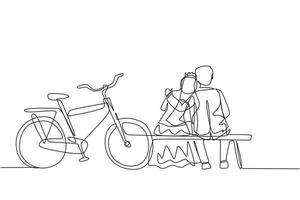 Single one line drawing romantic married couple chatting while sitting on bench. Happy man with suit and woman with wedding dress riding bike. Continuous line draw design graphic vector illustration