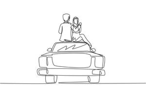 Single continuous line drawing happy married lovers sitting on roof of car and look at romantic scenery. Man and woman with wedding dress celebrating wedding party. One line draw graphic design vector