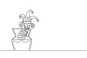 Single one line drawing Jack in the box. Amusing toy jumping out from box. Jack in the box toy, a surprise and springing out of box. Modern continuous line draw design graphic vector illustration