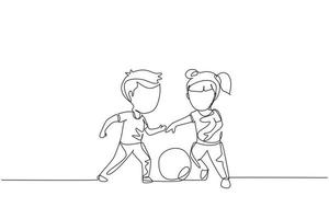 dibujo continuo de una línea niño y niña jugando al fútbol juntos. dos niños pequeños felices jugando deporte en el patio de recreo. niños pateando la pelota con el pie entre ellos. gráfico vectorial de diseño de una sola línea vector