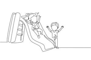 Single one line drawing preschool kids playing together in kindergarten. Little girl sliding down the slide and smiling boy seeing her on side of slide. Continuous line draw design graphic vector