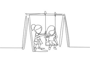 Single one line drawing cute little girl swinging on swing and her friend helped push from behind. Kids playing swing together in kindergarten playground. Continuous line draw design graphic vector