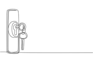 Single one line drawing keys stuck in lock in vintage style. Insert key into keyhole house. Open door. Real Estate concept, template for sales, rental, advertising. Continuous line draw drawing vector