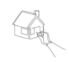 Single one line drawing insert key into keyhole house. Open the doors. Real Estate concept, template for sales, rental, advertising. Sign on home. Modern continuous line draw design graphic vector