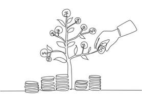 Single continuous line drawing businessman hand pick up coin from growing money tree. Background concept for return money saving and investment. One line draw graphic design vector illustration