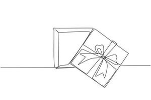 Single continuous line drawing top view open gift box and confetti. Enter to win prize. Present package with bursting element, surprise inside. Dynamic one line draw graphic design vector illustration