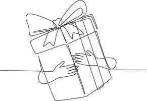 Continuous one line drawing man holds big gift box with ribbon and bow. White box wrapped with ribbon. Decorative gift or cardboard box with bow. Single line draw design vector graphic illustration