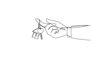 Single one line drawing hand hold a key of house or apartment. Real estate. Man hand holding key from house isolated on white. Buying the house. Continuous line draw design graphic vector illustration