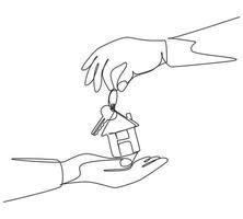 Continuous one line drawing hand giving house keys to customer. Businessman in suit giving house key. Mortgage, credit or buying property concept. Single line draw design vector graphic illustration