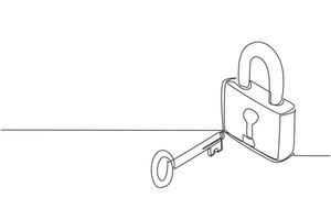 Single continuous line drawing lock and key, isometric image. Key and lock. Safety lock with key icon image. Success, solution, opportunity and safety concept. One line draw graphic design vector