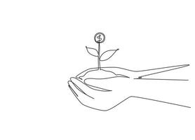 Single continuous line drawing hand holding sprout a money tree on nature field. Money tree investment growth income interest savings economy funds stock market. One line draw graphic design vector