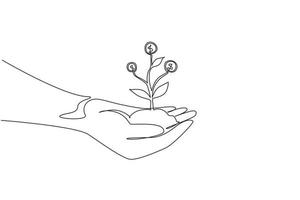 Continuous one line drawing close up image of human hands holding sprout of money tree. Concept of earnings, success in work, money, and investment. Single line draw design vector graphic illustration