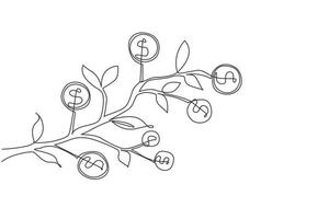 Continuous one line drawing dollar symbol hanging from tree branch. Money tree. Green cash banknotes with golden coins. Concept for return money investment. Single line draw design vector illustration