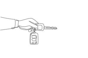 Single one line drawing hand holding car key and alarm system. Male hand holding car key with alarm keychain. Hand of car salesman manager holding key. Continuous line draw design graphic vector