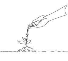 Single one line drawing hand nurturing and watering young baby plants growing in germination sequence on fertile soil. Agriculture ecology concept. Modern continuous line draw design graphic vector