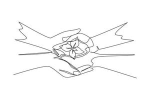 Single one line drawing two hands holding together young of a tree. Hands kids team work protecting and reduce global warming earth, top view. Continuous line draw design graphic vector illustration