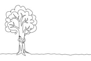 Single one line drawing man hugging tree in park. Symbol of loving plants and the environment. Agriculture. Earth day, ecology concept. Modern continuous line draw design graphic vector illustration