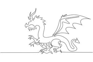 Continuous one line drawing fairy dragons. Funny fairytale dragon, magic lizard with wings and fire breathing serpent. Flying dragon medieval reptile. Single line design vector graphic illustration