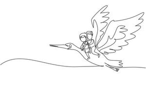 Single continuous line drawing happy little boy and girl flying with stork together. Children fly and sitting on back stork bird at sky. Kids learning to ride cute stork. One line draw graphic vector