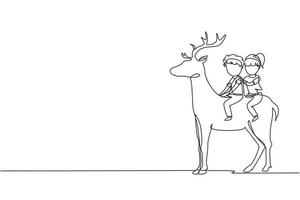 Continuous one line drawing happy boy and girl riding deer together. Children sitting on back deer with saddle in ranch ground. Kids learning to ride reindeer. Single line draw design vector graphic