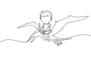 Single continuous line drawing boy riding flying dinosaur. Pterodactyl ride with young kid sitting on back of dinosaur and flying high in sky. Dynamic one line draw graphic design vector illustration