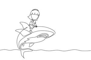 Continuous one line drawing little girl riding inflatable shark. Young kid sitting on back shark in swimming pool. Shark ocean fish in deep water. Single line draw design vector graphic illustration