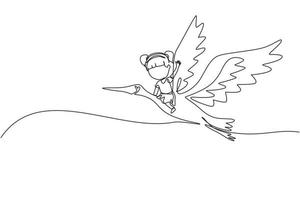 Single one line drawing happy little girl flying with stork. Child fly and sitting on back stork bird at sky. Kids learning to ride cute stork. Continuous line draw design graphic vector illustration