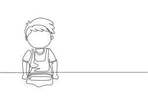 dibujo de una sola línea niño pequeño estirando la masa con un rodillo. niños haciendo pizza casera en la cocina. niños haciendo tareas domésticas en casa. vector gráfico de diseño de dibujo de línea continua moderna