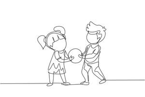 Continuous one line drawing Kids girl and boy brother  sister fighting over a ball. Conflict between children. Kids sibling fighting in playroom because of toy. Single line draw design vector graphic