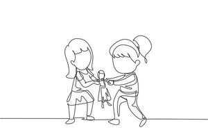 Single one line drawing two little girls fighting over a princess doll. Conflict between children. Kids sibling fighting in playroom because of toy. Modern continuous line draw design graphic vector