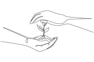 Single one line drawing new life in young hands on white background. Female hand holding tree on nature field grass Forest conservation concept. Continuous line draw design graphic vector illustration