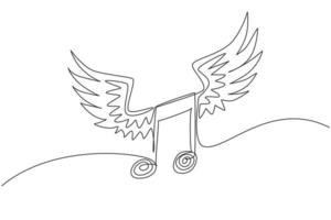 Single continuous line drawing musical notation with wings. Music symbol. Classic melody sign in flat design. Chords icon silhouette. Key note for piano and guitar. One line draw graphic design vector