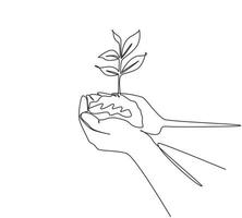 Single continuous line drawing hands of the farmer are planting the seedlings into the soil. Hand holding tree on nature field grass. Agriculture ecology concept. One line draw graphic design vector