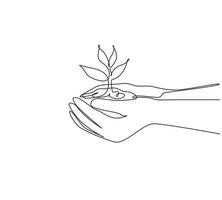 Continuous one line drawing environment earth day in the hands of trees growing seedlings. Hand holding tree on nature field grass forest conservation concept. Single line draw design vector graphic