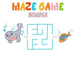 Simple Maze puzzle game for children. Color simple maze or labyrinth game with seal. vector