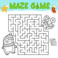 Christmas Maze puzzle game for children. Outline maze or labyrinth game with christmas penguin. vector