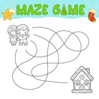 Christmas Maze puzzle game for children. Outline maze or labyrinth. Find path game with christmas Gingerbread man and Gingerbread house. vector