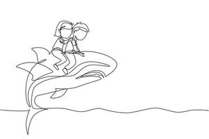 Single one line drawing little boy and girl riding inflatable shark together. Kids sitting on back shark in swimming pool. Shark ocean fish in deep water. Continuous line draw design graphic vector