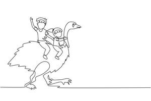 Continuous one line drawing happy little boy and girl riding cute ostrich together. Children sitting on back ostrich with holding its neck. Kid learning to ride ostrich. Single line draw design vector