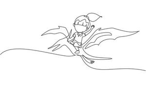 Continuous one line drawing girl riding flying dinosaur. Pterodactyl ride with young kid sitting on back of dinosaur and flying high in sky. Single line draw design vector graphic illustration