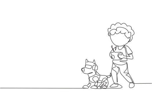 Single one line drawing boy playing with electronic toy dog robot with remote control in hands. Happy kids with remote control robot pet. Modern continuous line draw design graphic vector illustration