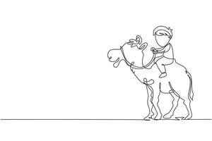 Single one line drawing happy little boy riding camel. Child sitting on hump camel with saddle in desert. Kids learning to ride camel. Modern continuous line draw design graphic vector illustration