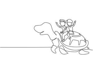 Continuous one line drawing little boy and girl riding sea turtle together. Children sitting on back tortoise with fins diving in beach. Kids learning to ride turtle. Single line draw design vector