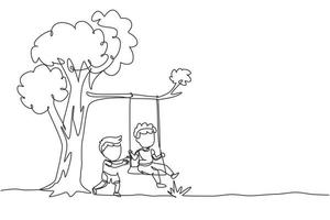 Single continuous line drawing happy two boys playing on tree swing. Cheerful kids on swinging under a tree. Children playing at playground. Dynamic one line draw graphic design vector illustration