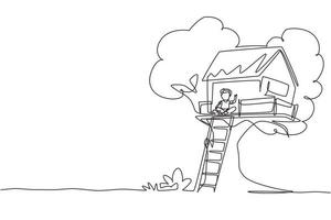 niño de dibujo de una línea continua en la casa del árbol, niño pequeño jugando en el parque infantil, casa del árbol con escalera de madera, lugar para juegos infantiles en verano. ilustración gráfica de vector de diseño de línea única