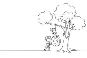 Single one line drawing happy boys and girls playing tire swing under tree. Kids swinging on tire hanging from tree. Children playing in garden. Continuous line draw design graphic vector illustration