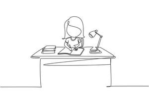 Continuous one line drawing girl studying on table with study lamp and pile of books. Kid makes homework from school. Intelligent student concept. Single line draw design vector graphic illustration