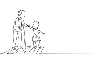 Single continuous line drawing polite girl helping grandfather to cross street. Courteous kind kid taking old man across road, holding hand. Manners and respect. One line draw graphic design vector