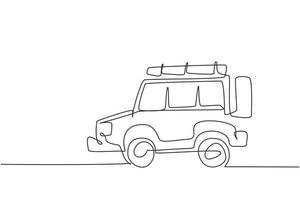 Continuous one line drawing car off road. Cartoon funny style. Side view. Beautiful automobile. Auto in flat design. Children's toy off road car. Single line draw design vector graphic illustration